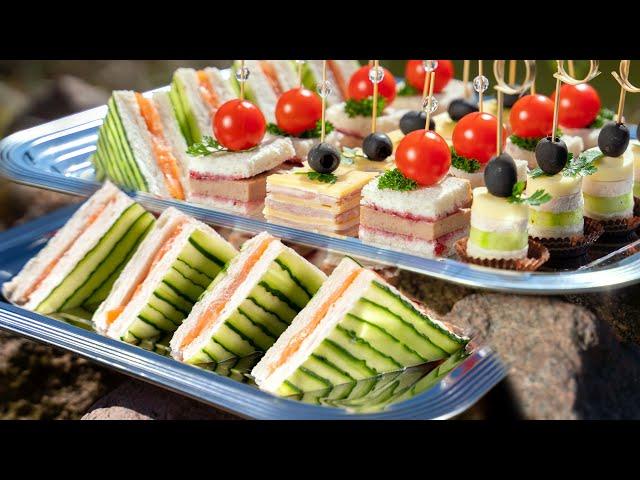 Quick and easy party food ideas. 4 Appetizer recipes for parties. Cucumber, tomatoes and salmon