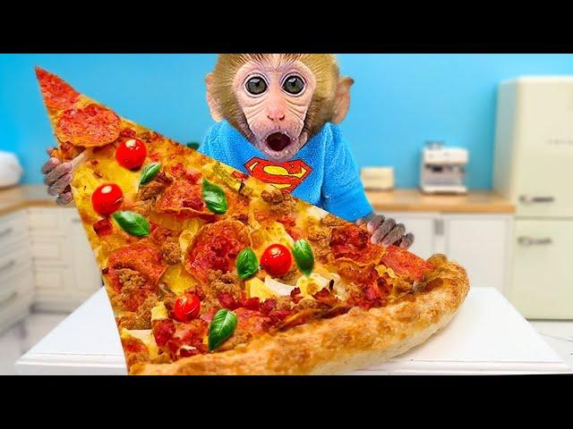 Bebé Mono Bon Bon Come Pizza Gigante y Juega con un Cachorro Lindo - MONO BONBON ESP