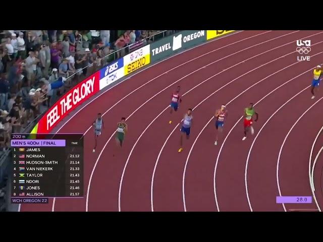 Michael Norman 44.29 wins 400m at World Athletics Championships 2022.