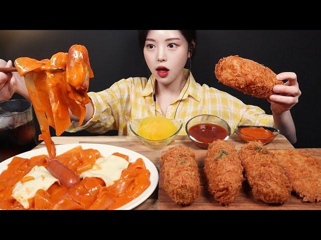 SUB)Spicy Rosé Noodles With Enormous Cheese Cutlet And Sausage Mukbang ASMR