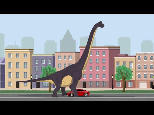 Brachiosaurus Dinosaur and Excavator and Red Car cartoon