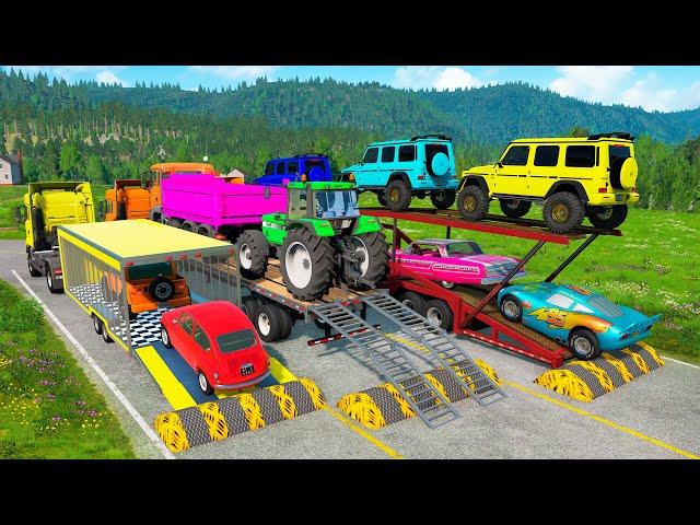 Flatbed Trailer Cars Transportation with Truck - Speedbumps vs Cars vs Train - BeamNG.Drive #45