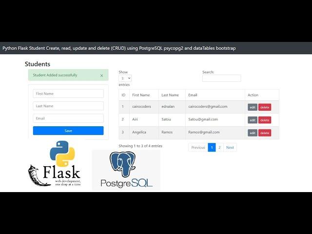 Python Flask Student Create, read, update and delete (CRUD) using PostgreSQL psycopg2 and dataTables