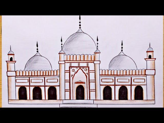 How to draw Badshahi Mosque - step by step | Easy Badshahi Masjid, Lahore/ Drawing Tutorial