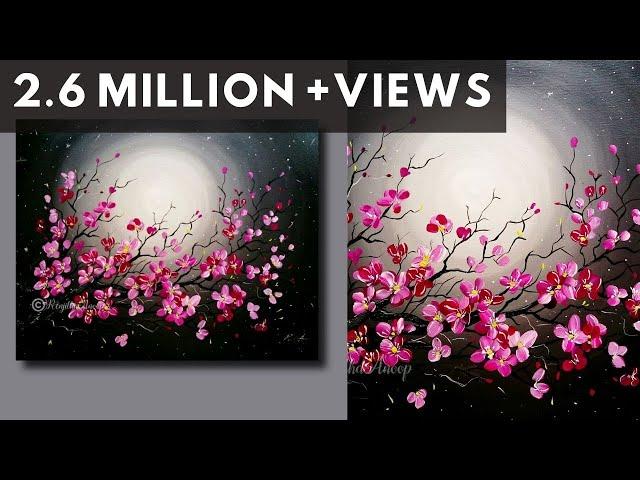 Step by Step acrylic painting on canvas for beginners | moon light night Painting | Tree of flowers