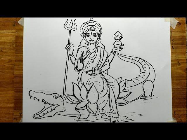 how to draw mata ganga easily line art drawing,ganga mata drawing by sketch pen,devi ganga mata draw