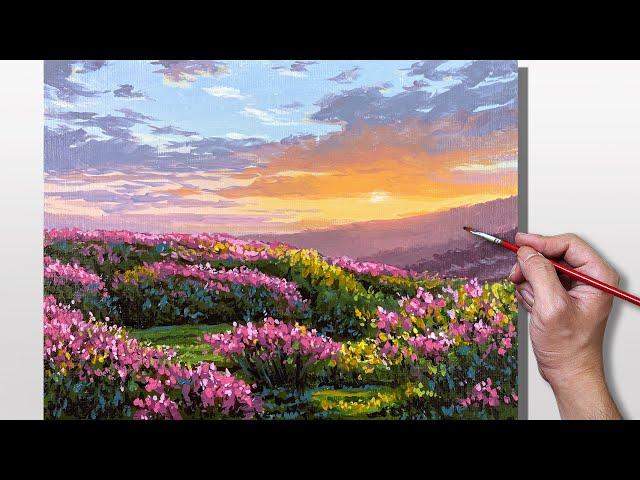 Acrylic Painting Sunset Flower Field