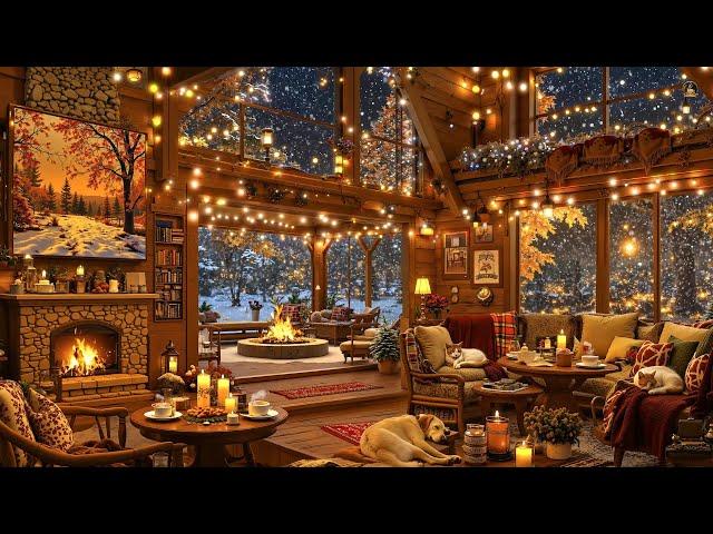 Cozy Winter Cabin ️Warm Firelight, Rustic Charm & Snowy Forest View ~ Relaxing Jazz for Peaceful