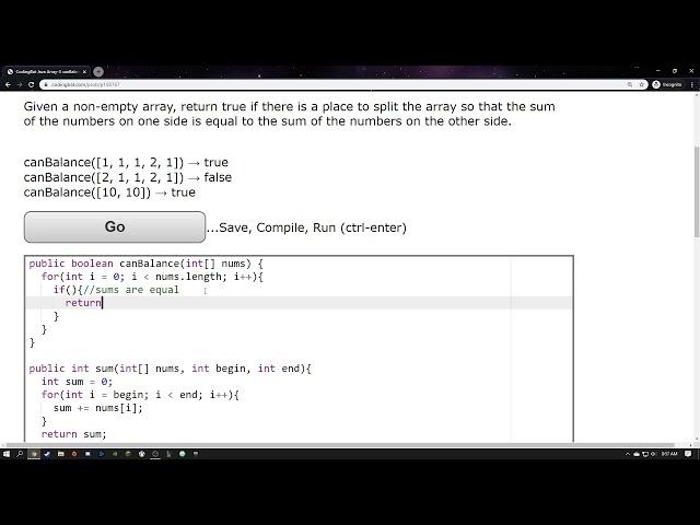 Java Coding Bat, Arrays 3, canBalance