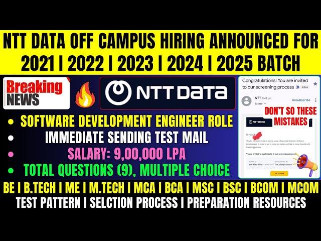 NTT Biggest Hiring | Direct Test | SDET | NTT OFF Campus Drive 2025, 2024, 2023 BATCH | Salary 9 LPA