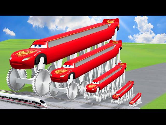 Big & Small Long & Tall Lightning Mcqueen with Saw Wheels vs Trains | BeamNG.Drive