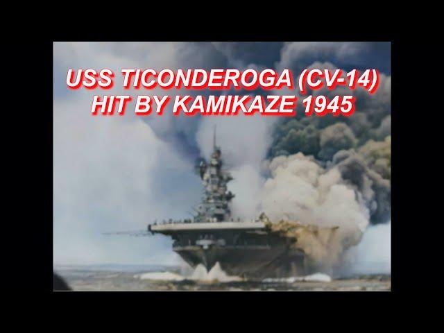 USS TICONDEROGA (CV-14) HIT BY KAMIKAZE 1945 IN COLOR HD COMBAT FOOTAGE [ WWII DOCUMENTARY ]