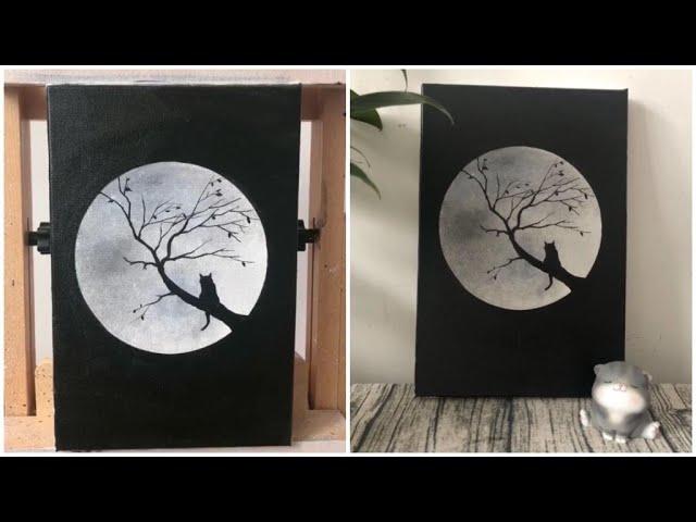 Cat looking at moon  Painting |Moon Art|Easy Acrylic painting