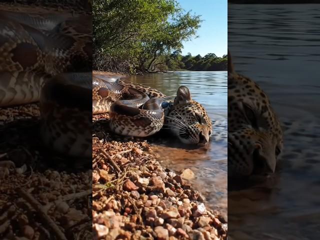 Phyton Fangs a Leopard in the lake #wildlife #zoo #wildliferescue #crocodile #leopard #cheetah #ai