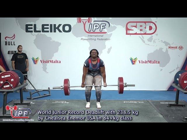 World Junior Record Deadlift with 238.5 kg by Chealsea Enemor USA in 84+kg class