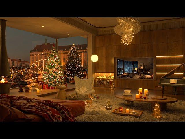 4K Christmas Music Bedroom Ambience | Snow On Window At Night | Jazz Music for Relax and Study