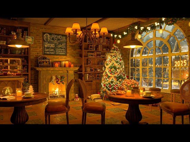 4K Snowy Night at Christmas Coffee Shop Ambience  Smooth Jazz Music to Relax/Study/Work to