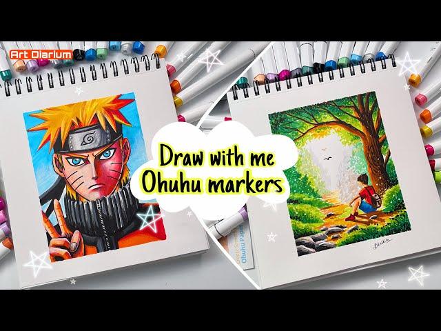 Drawing Naruto Uzumaki & a Green Scenery with Markers / Unboxing & Reviewing Ohuhu Markers