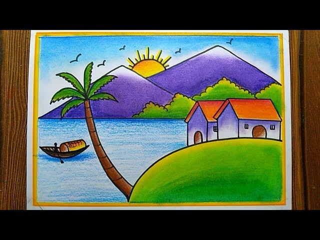 How to draw Village Scenery drawing| Pond,tree, House,Sun rise scenery drawing