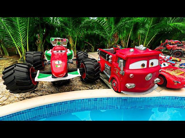 Disney Pixar Cars falling into deep pool, Lightning McQueen, Tow Mater, Mack, Sally, Francesco