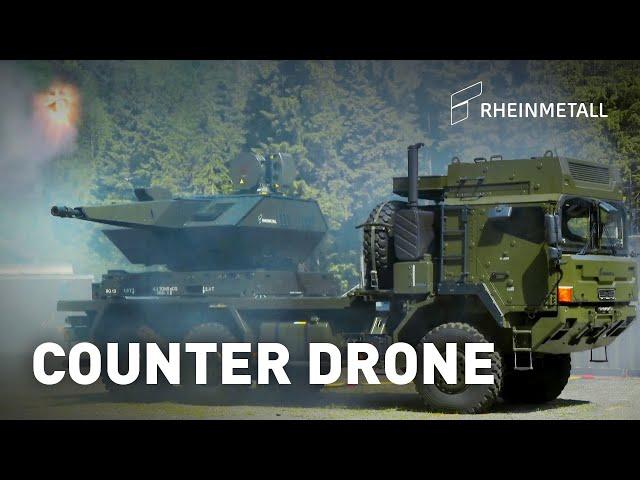 Rheinmetall Air Defence: Skynex truck-mounted engaging drone swarm