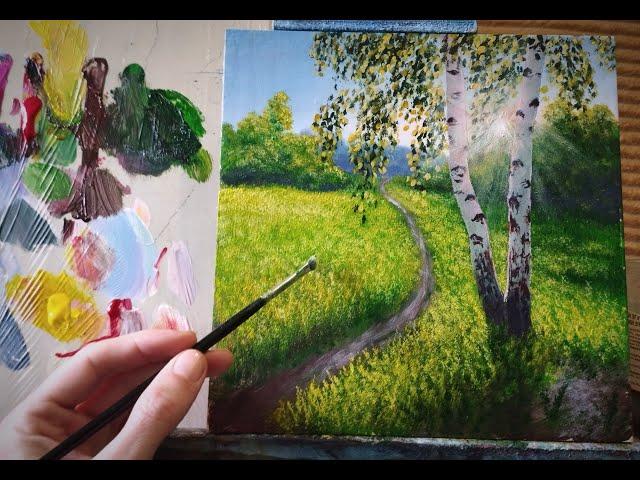 How to easily draw beautiful birches with acrylic|summer landscape for beginners acrylic #art