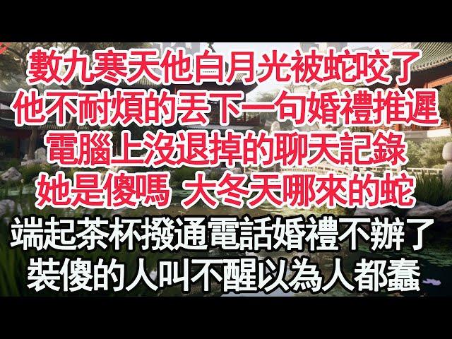 數九寒天他白月光被蛇咬了，他不耐煩的丟下一句婚禮推遲，電腦上沒退掉的聊天記錄，她是傻嗎 大冬天哪來的蛇，端起茶杯撥通電話婚禮不辦了，裝傻的人叫不醒以為人都蠢【顧亞男】【高光女主】【爽文】【情感】