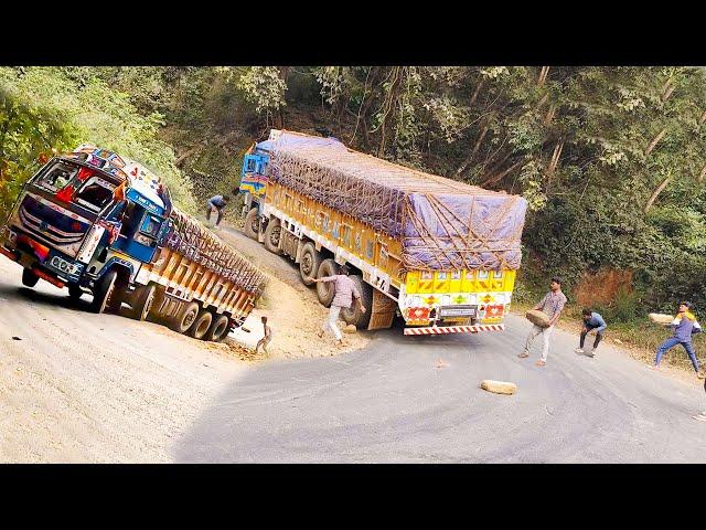 Heavy Loaded Truck Slips off the road - Crazy Truck Driver Unable to Turn at Hairpin Curve Ghat Road