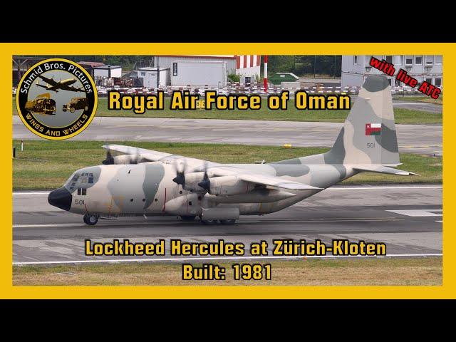 Royal Air Force of Oman Lockheed C130 Hercules taxiing and take off runway 28 at ZRH (with live ATC)