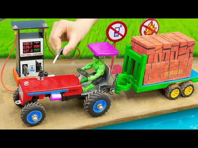 diy tractor mini petrol pump science project | diy tractor BRICKS trolley Load