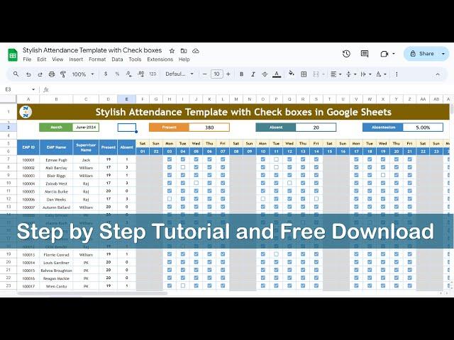 Dynamic Monthly Attendance Template in Google Sheets with Check Boxes – FREE Download