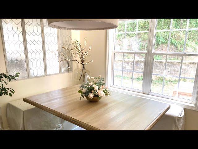 Small Dining Room breakfast Nook Makeover on budget RELAXING / Table refinish DIY large Mirror Decor