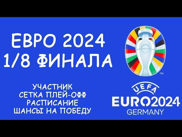 Евро 2024 . Все участники 1/8 финала. Сетка плей-офф. Расписание матчей, шансы на победу команд!