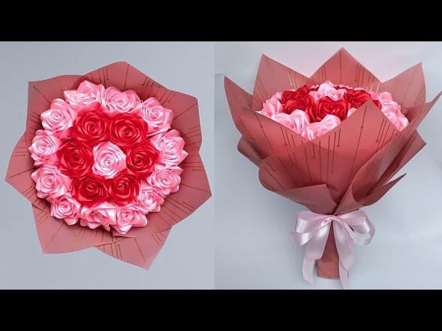 DIY | How to Make a Bouquet of Roses from Satin Ribbons Easy | Wrapping a Round Flower Bouquet