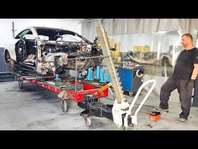 Mercedes S Coupe (C217) front accident repair. Rail and strut tower replacement.