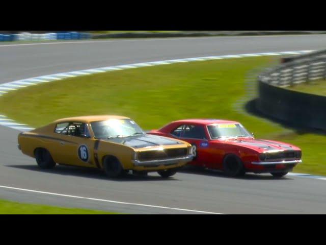 Awesome Valiant RT Charger takes on Chev Camaro Phillip Island Touring Car Action