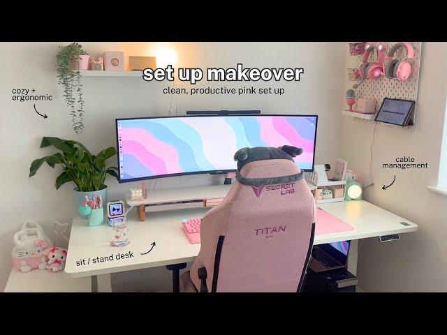 the DREAM setup makeover + tour • ultrawide monitor, standing desk ️ pink, productive vibes 