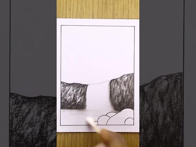  Charcoal pencil sketch || Pencil shading video || Waterfall scenery sketch with pencil