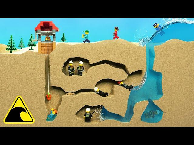 Boy Trapped in Well - Tsunami Cave Flood - Lego Dam Breach Experiment