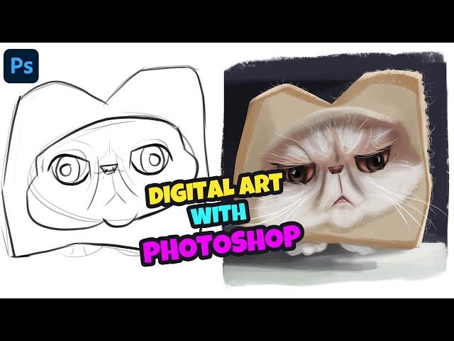 CUTE CAT !  MY COMPLETE DIGITAL PAINTING PROCESS IN PHOTOSHOP