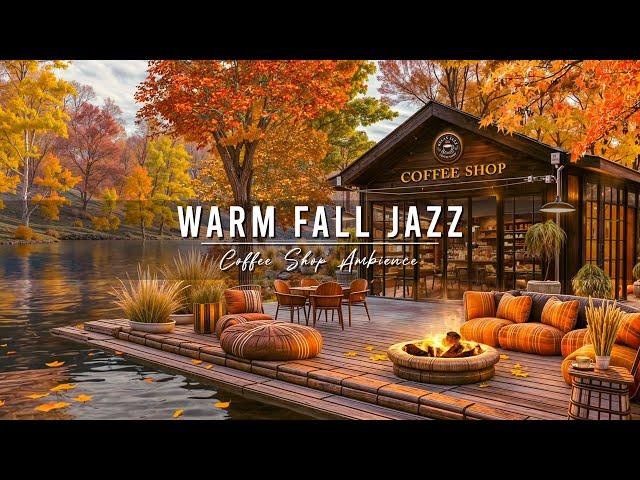 Smooth Jazz Background Music Lakeside Cafe Porch Ambience ~ Warm Fall Jazz Music & Fireplace Sounds