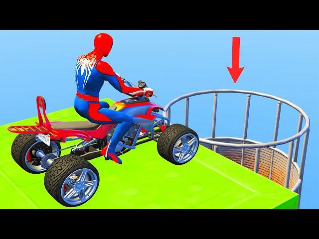 Superheroes by Quad Bike ride over the sea on the Spider-Man Bridge GTA 5 (Spider Shark Jumps)