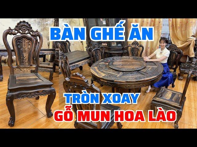 Bộ bàn ghế ăn tròn xoay gỗ Mun hoa Lào