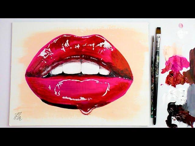 How to paint RED GLOSSY LIPS with acrylics / Easy Painting Vered