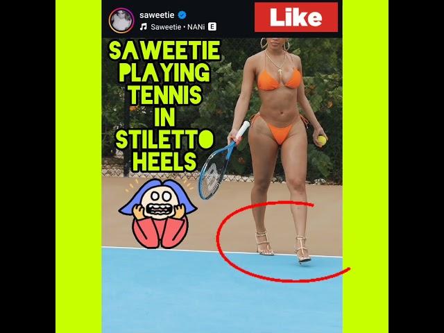  Saweetie Wearing Stiletto Heels While Playing Tennis in a Orange Bikini