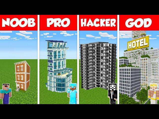 Minecraft Battle: NOOB vs PRO vs HACKER vs GOD: HOTEL SKYSCRAPER HOUSE BUILD CHALLENGE / Animation