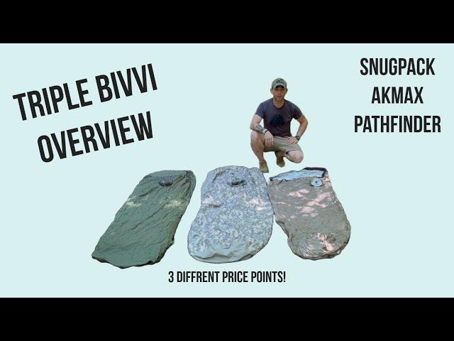 Triple Bivvi Bag overview from 3 different brands: Snugpack, Akmax, and pathfinder