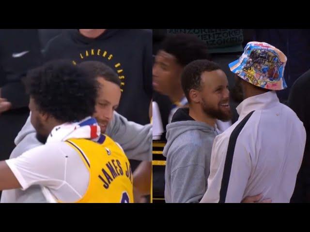 Steph Curry shows love to Bronny and LeBron James after the game 