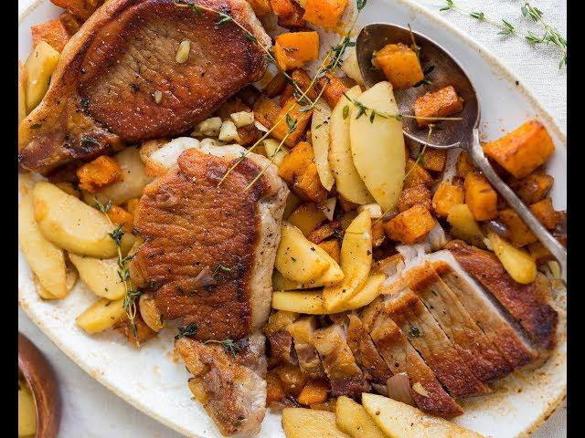 Pan-Seared Pork Chops, Spiced Butternut Squash, Fried Apples