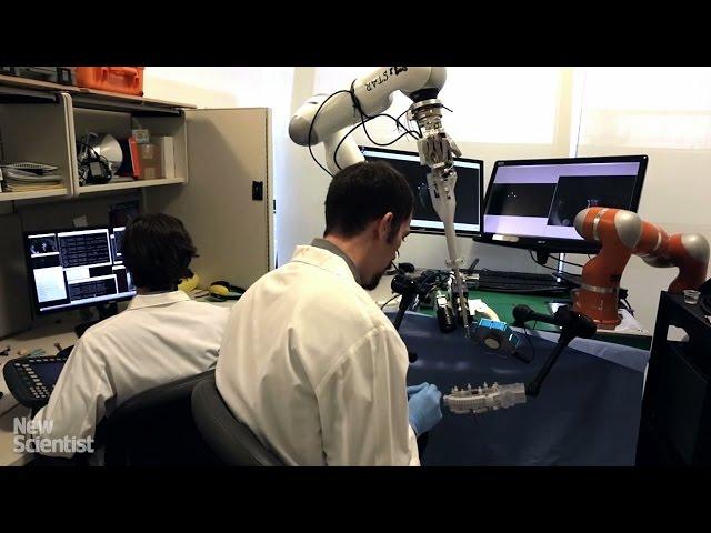 Robotic surgeon stitches up pig intestinal tissue